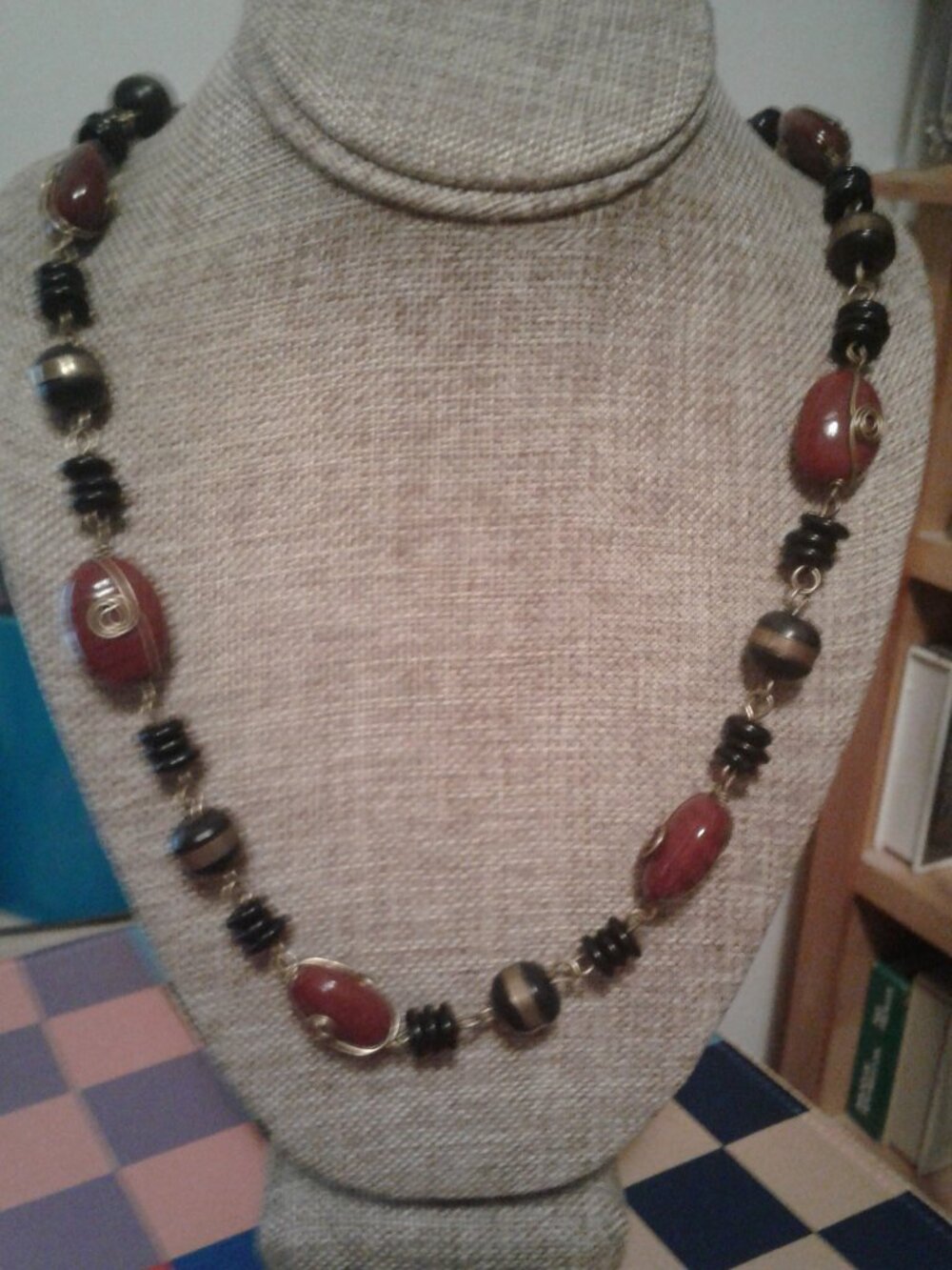 Rust Color Wire Wrapped Beads & Black Saucer Beads Necklace Adjusts up to 34"L